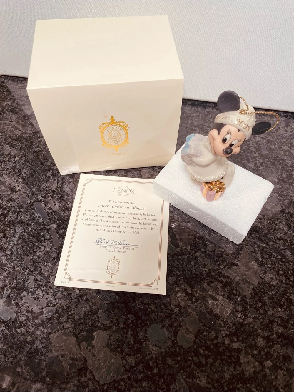 Disney Minnie Mouse Holiday Porcelain Ornament in White and Gold
